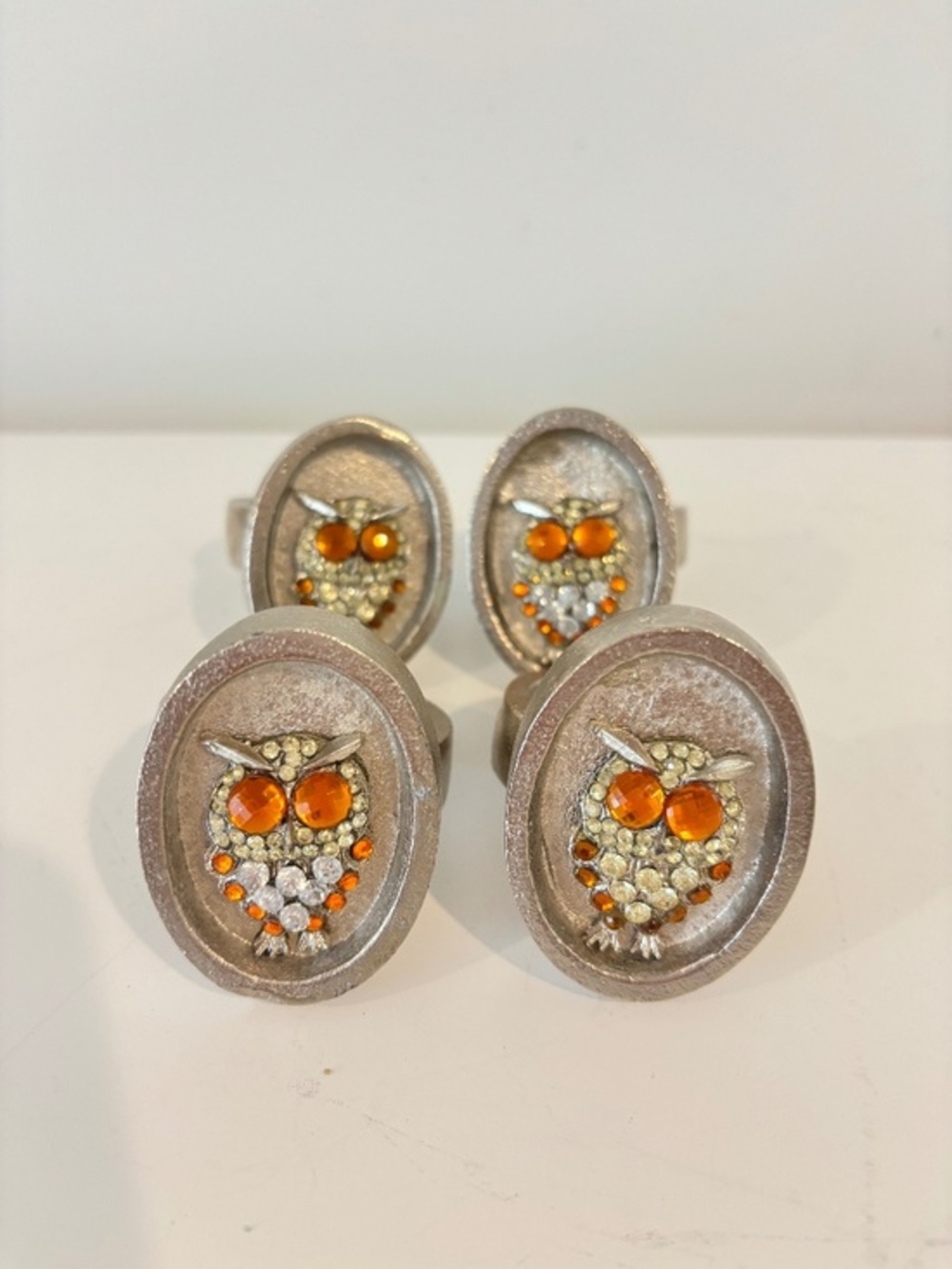 Vintage napkin rings silver toned metal oval bezel detailed owl rhinestone FOUR